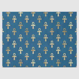 Metallic Gold Egyptian Ankh on Blue Decoupage Tissue Paper