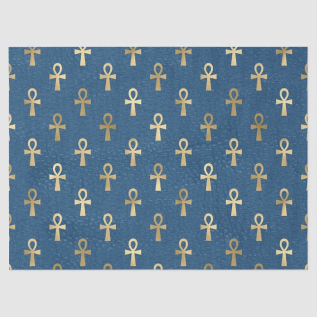 Metallic Gold Egyptian Ankh on Blue Decoupage Tissue Paper (Front)