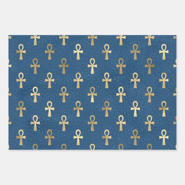 Metallic Gold Egyptian Ankh on Blue Wrapping Paper Sheet (Front)