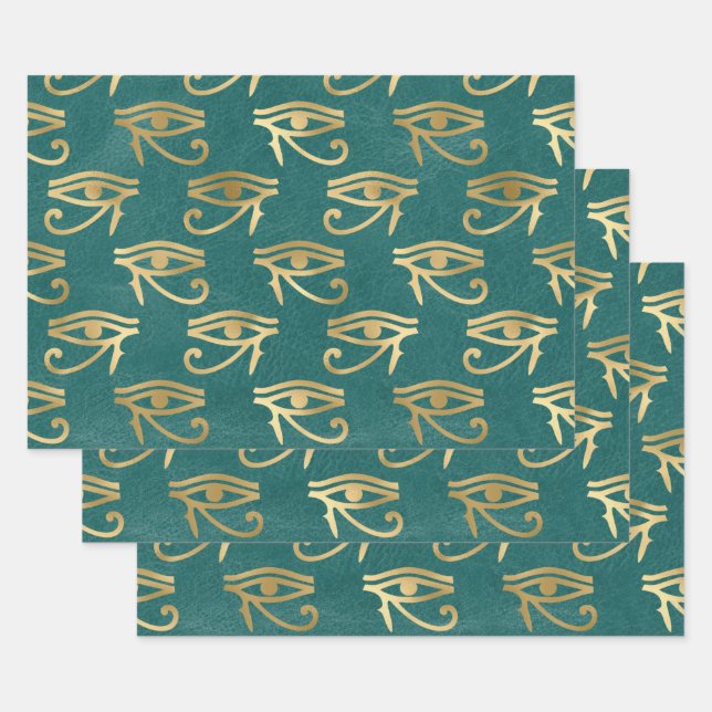 Metallic Gold Egyptian Eye on Green Wrapping Paper Sheet (Set)