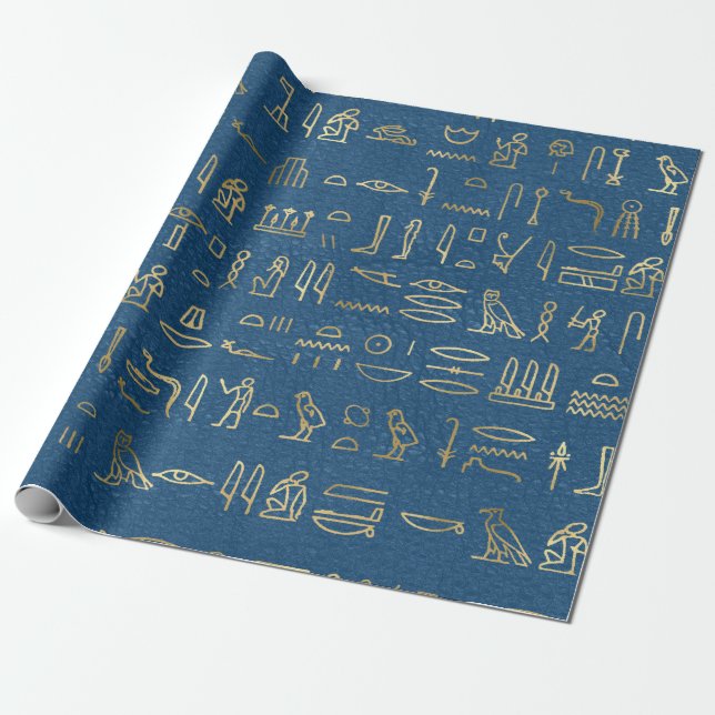 Metallic Gold Egyptian Hieroglyphs on Blue Wrapping Paper (Unrolled)