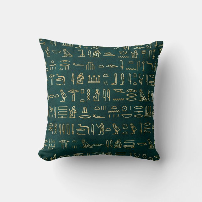 Metallic Gold Egyptian Hieroglyphs on Forest Green Cushion (Front)