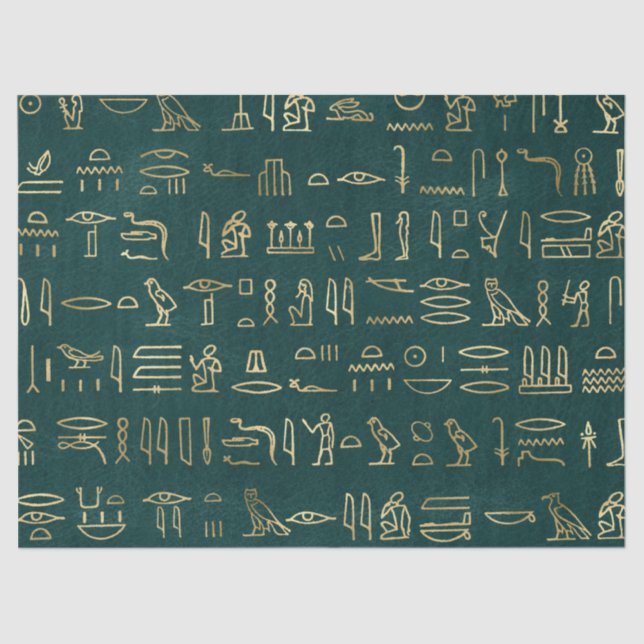 Metallic Gold Egyptian Hieroglyphs on Forest Green Tissue Paper (Front)