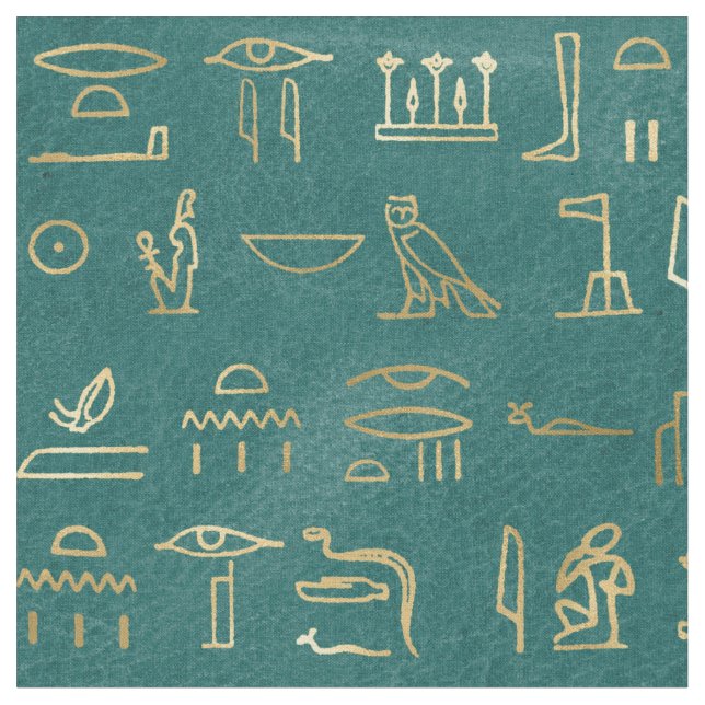 Metallic Gold Egyptian Hieroglyphs on Green Fabric (Close Up)