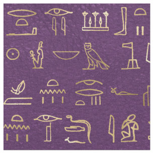 Metallic Gold Egyptian Hieroglyphs on Purple Fabric