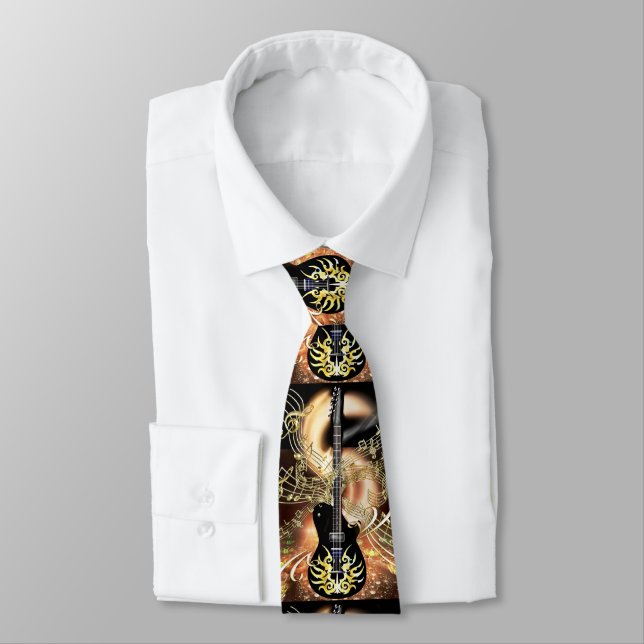 Metallic Gold Electric Rock Guitar Music Tie (Tied)