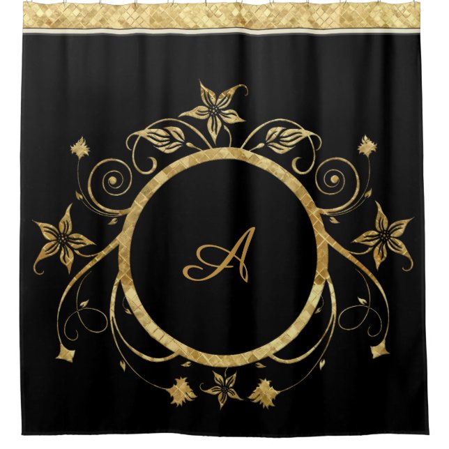 Metallic Gold Facets of Floral Circle on Black Shower Curtain (Front)
