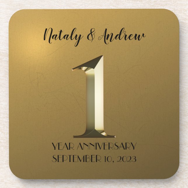 Metallic gold first wedding anniversary coaster (Front)