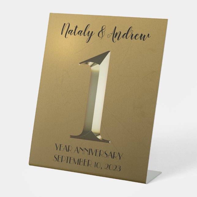 Metallic gold first wedding anniversary pedestal sign (Front)
