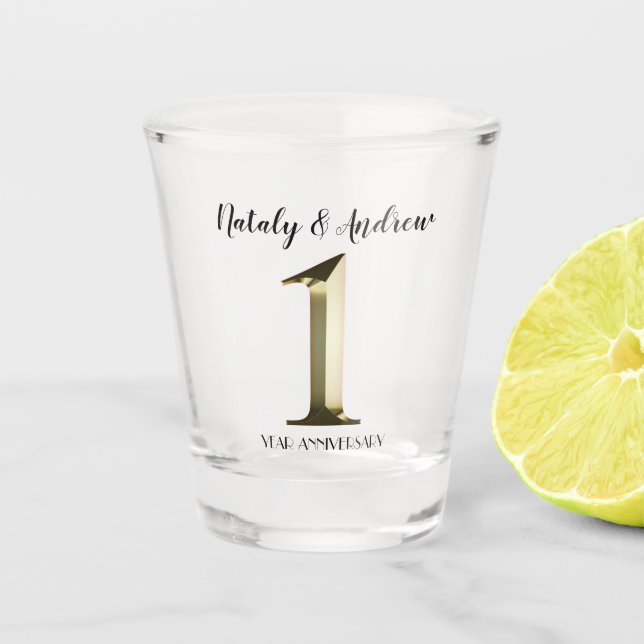 Metallic gold first wedding anniversary shot glass (Front)