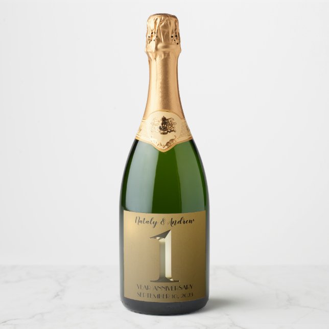 Metallic gold first wedding anniversary sparkling wine label (Front)