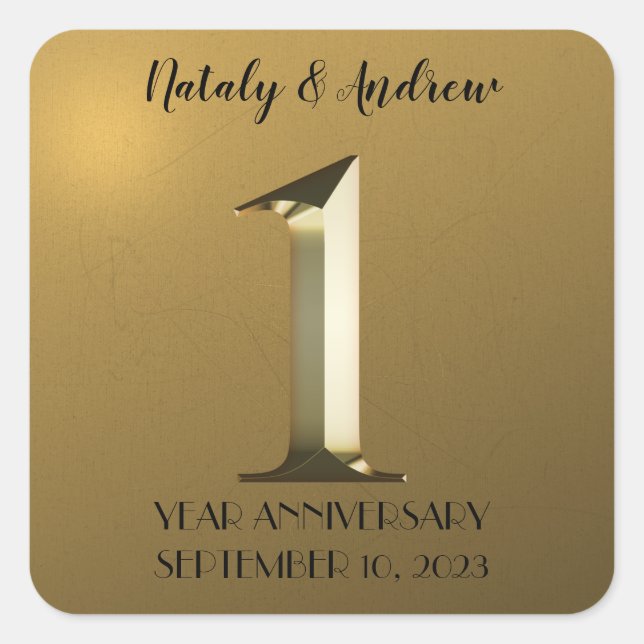 Metallic gold first wedding anniversary square sticker (Front)