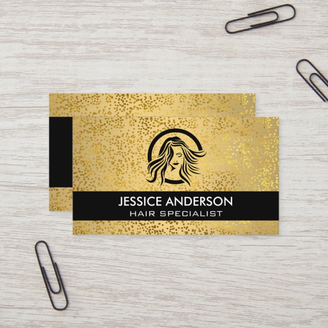 Metallic Gold Flakes Pattern | Womens Beauty Logo Business Card (Front/Back In Situ)