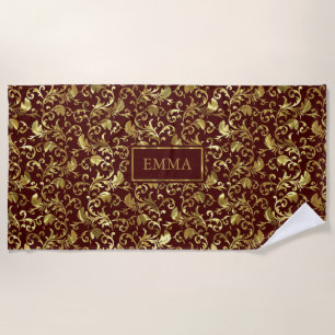 Metallic Gold Floral Damask Pattern Beach Towel