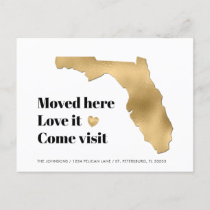 Metallic Gold Florida Map New Address Announcement Postcard