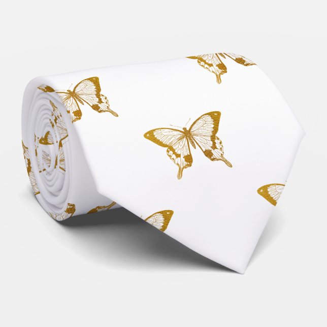 Metallic Gold Foil Butterflies on White Tie (Rolled)
