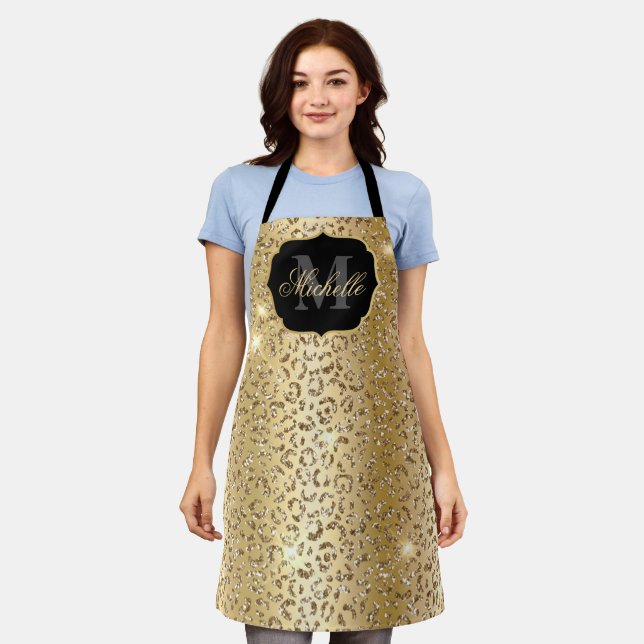Metallic Gold & Glitter Glam Leopard Spots Print Apron (Worn)