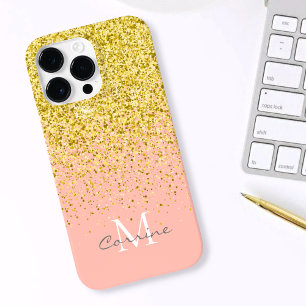 Metallic Gold Glitter Rain + Rose Quartz Monogram iPhone 14 Pro Max Case