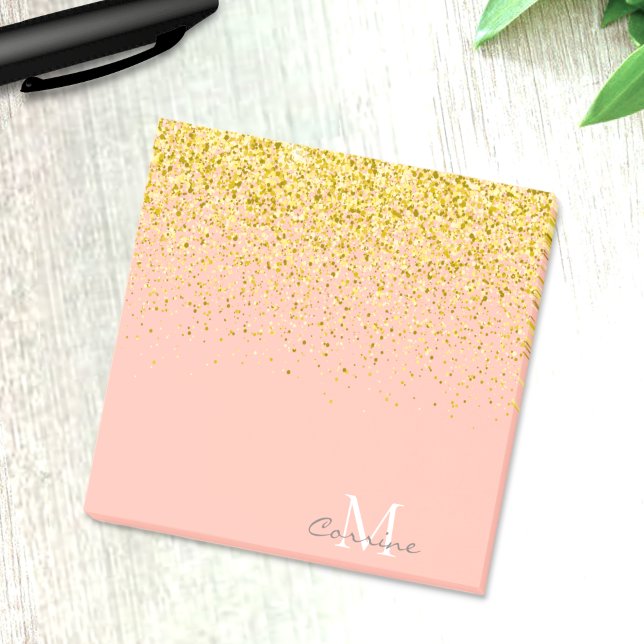Metallic Gold Glitter Rain + Rose Quartz Monogram Post-it Notes (Creator Uploaded)