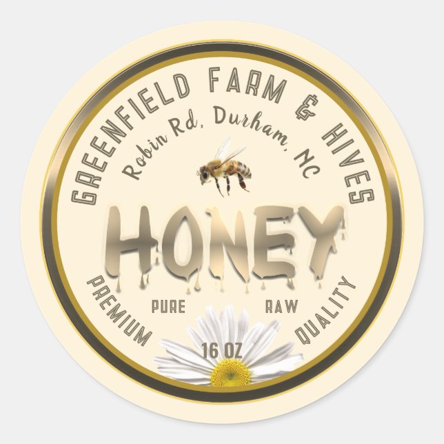 Metallic Gold Honey Label Bee Daisy Flower Ivory (Front)