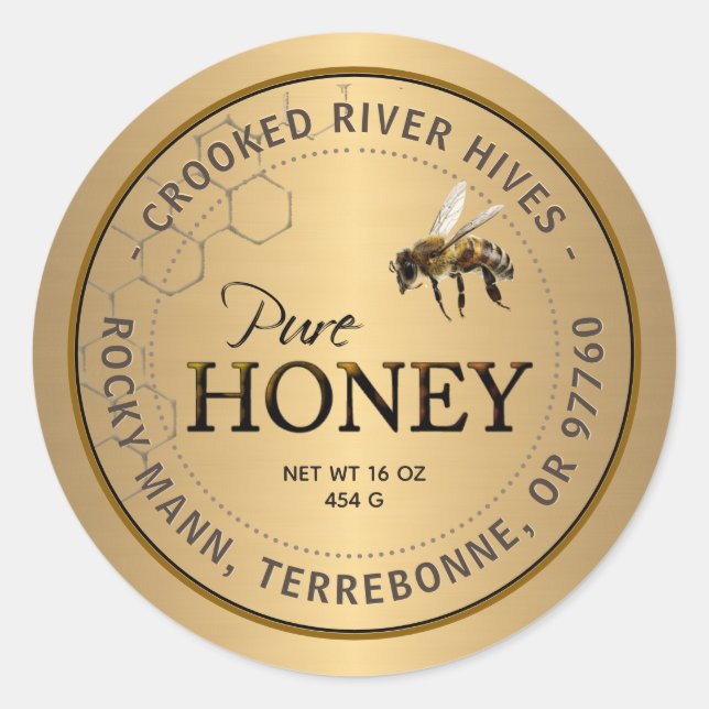 Metallic Gold Honey Label Realistic Bee Honeycomb (Front)