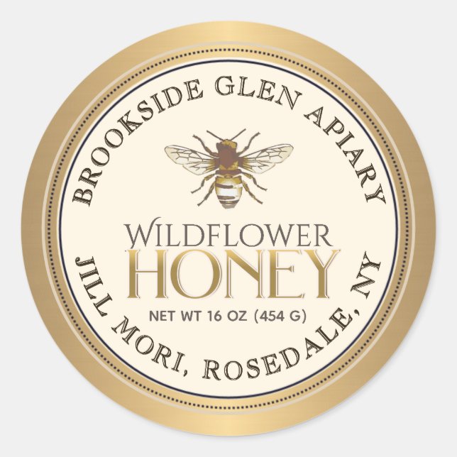 Metallic Gold Honey Label with Bee Dotted Border   (Front)