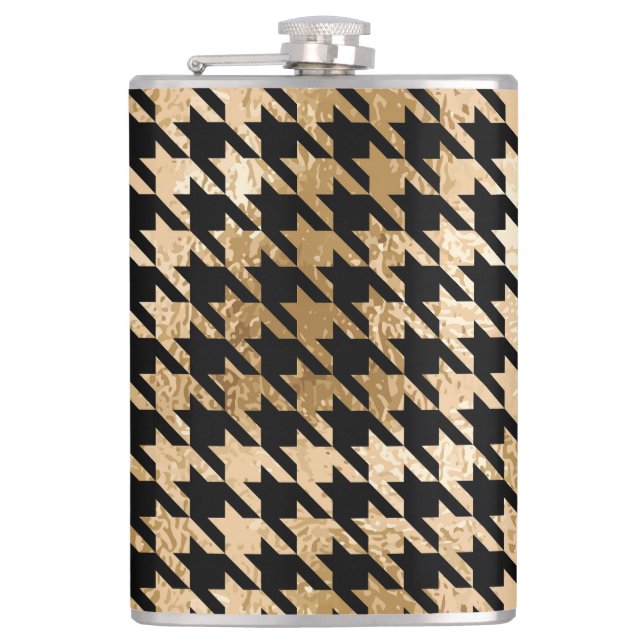 Metallic gold hounds tooth, fashion pattern. hip flask (Front)