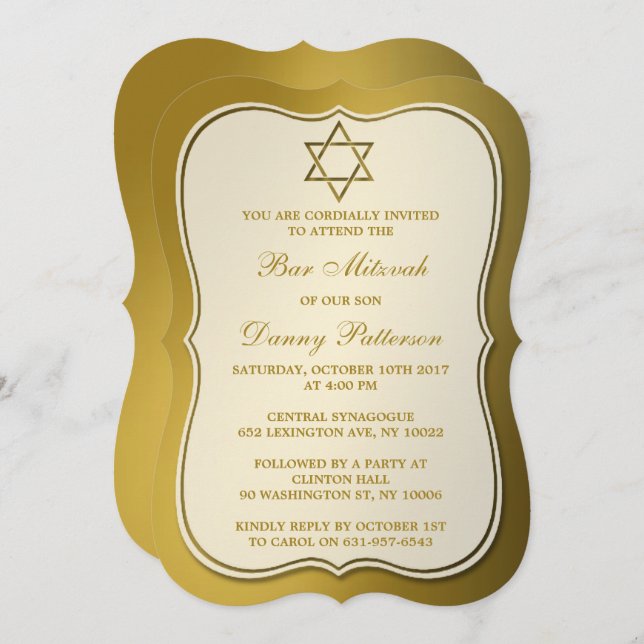 Metallic Gold Jewish Star Of David Bar Mitzvah Invitation (Front/Back)