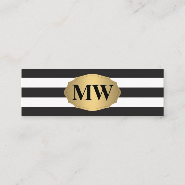 Metallic Gold Label Black White Stripes Monogram Mini Business Card (Front)