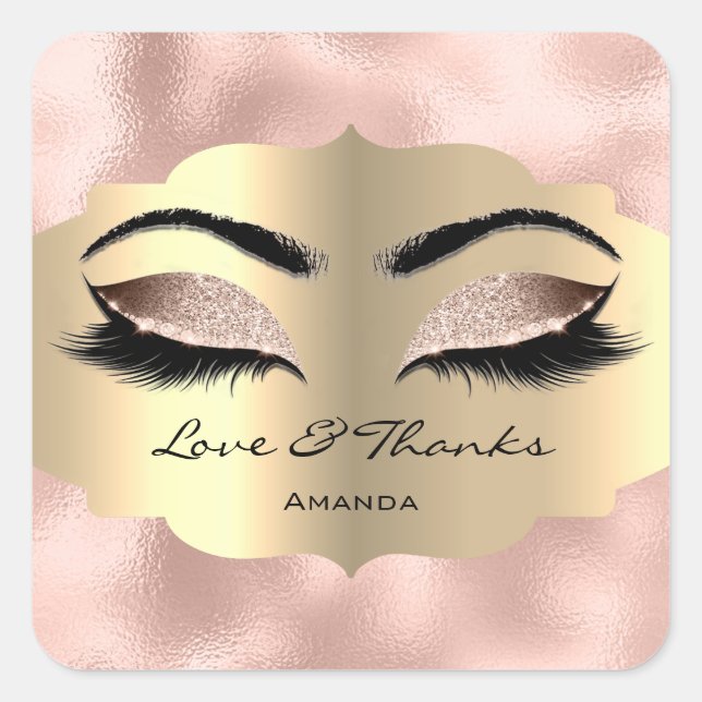 Metallic Gold Lashes Pink  Sweet 16th Love Thanks Square Sticker (Front)