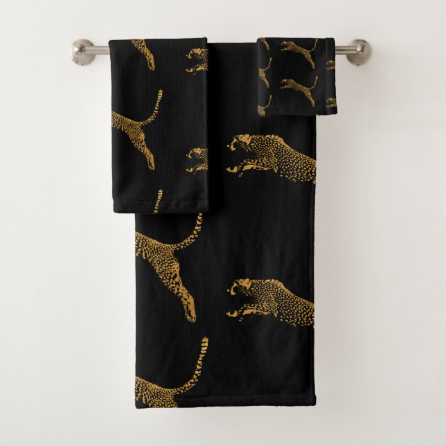 Metallic Gold Leaping Cheetah Bath Towel Set (Insitu)