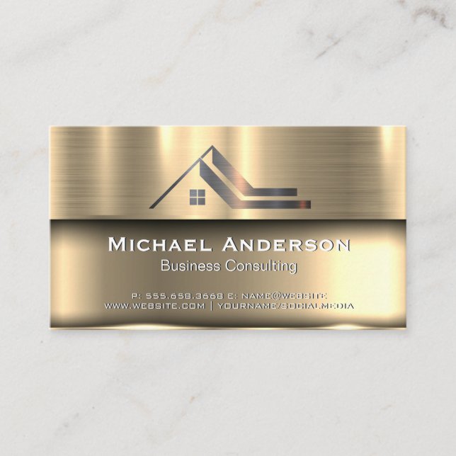 Metallic Gold | Metal Real Estate Logo Business Card (Front)