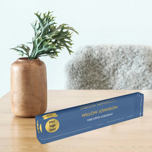 Metallic Gold & Navy Blue Business Logo Executive Nameplate