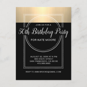 Metallic Gold On Black 50th Birthday Invitation Postcard