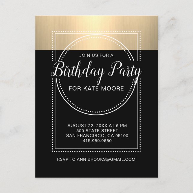 Metallic Gold On Black Birthday Invitation Postcard (Front)