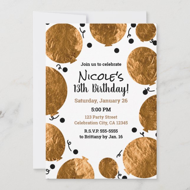 Metallic Gold Party Balloons Birthday Celebration Invitation (Front)