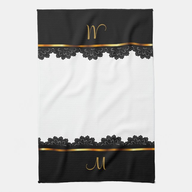 Metallic Gold & Pretty Black Lace Tea Towel (Vertical)