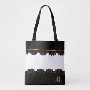 Metallic Gold & Pretty Black Lace Tote Bag