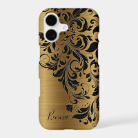 Metallic Gold Print & Black Floral Lace