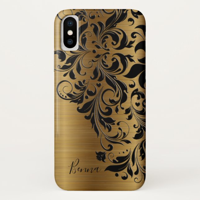 Metallic Gold Print & Black Floral Lace Case-Mate iPhone Case (Back)