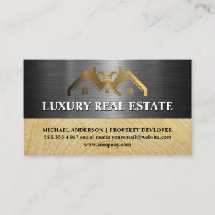 Metallic Gold Property Logo   Metal   Wood Grain Business Card
