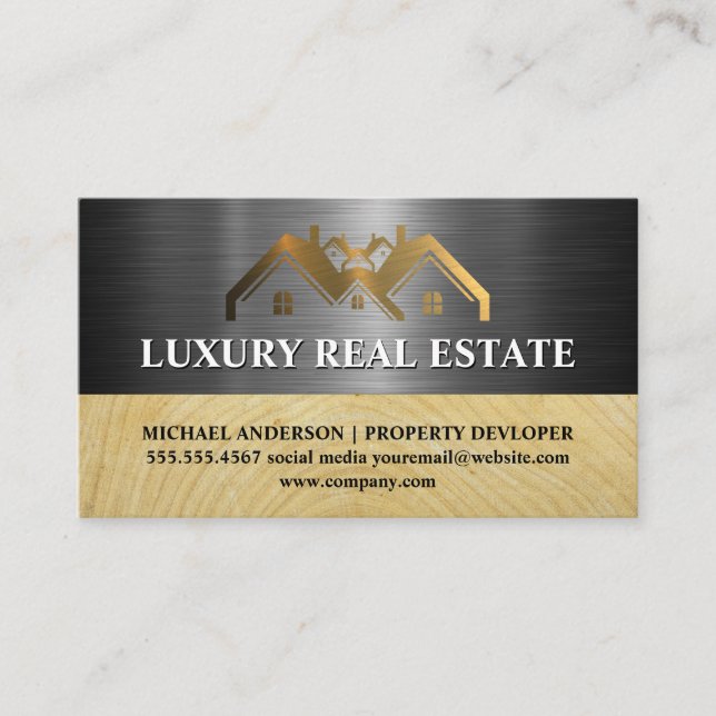 Metallic Gold Property Logo | Metal | Wood Grain Business Card (Front)