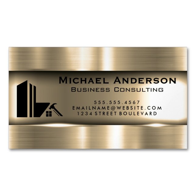 Metallic Gold | Real Estate Logo Magnetic Business Card (Front)