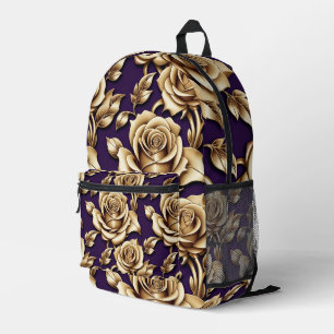 Metallic Gold Roses On A Matte Deep Purple Printed Backpack