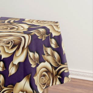 Metallic Gold Roses On A Matte Deep Purple  Tablecloth
