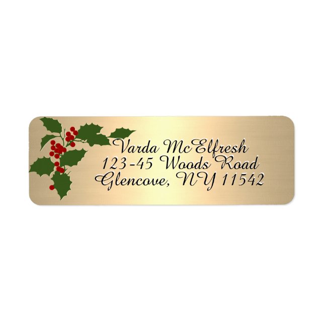 Metallic Gold Script Holly and Berries Holiday     (Front)