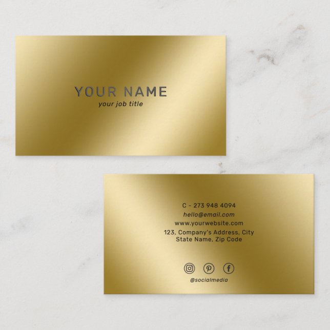 Metallic Gold Shiny Minimalist Social Media Icons  Business Card (Front/Back)