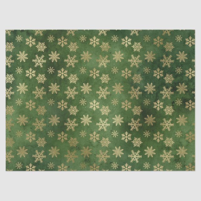 Metallic Gold Snowflakes on Green Decoupage Tissue Paper (Front)
