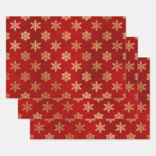Metallic Gold Snowflakes on Red Wrapping Paper Sheet