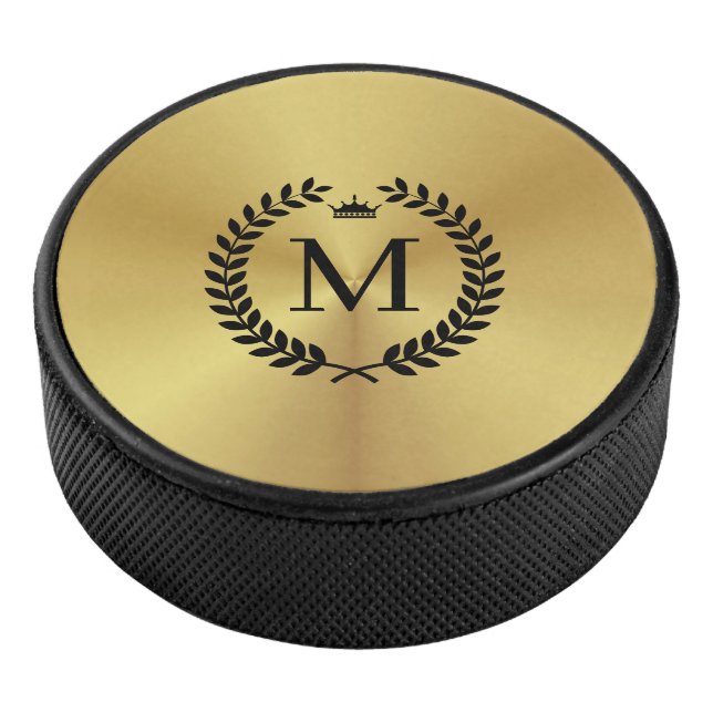 Metallic Gold Stainless Steel Black Laurel Wreath Hockey Puck (3/4)